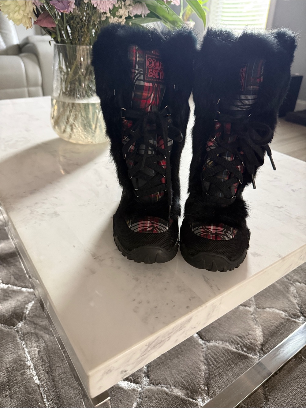 Coach *Like New * Women’s Plaid Boots With Rabbits Fur Size 7 1/2